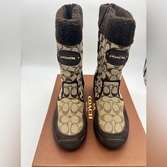 Coach Brown Signature Sonya Fabic Suede Faux Fur Women’s Size 10 Boots NEW NWT - Picture 2 of 9